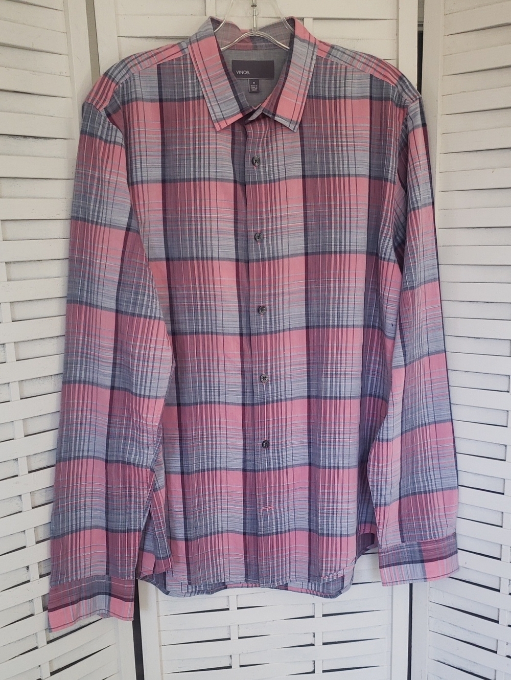 Vince Pink and Gray Plaid Long-Sleeve Button-Down Shirt M